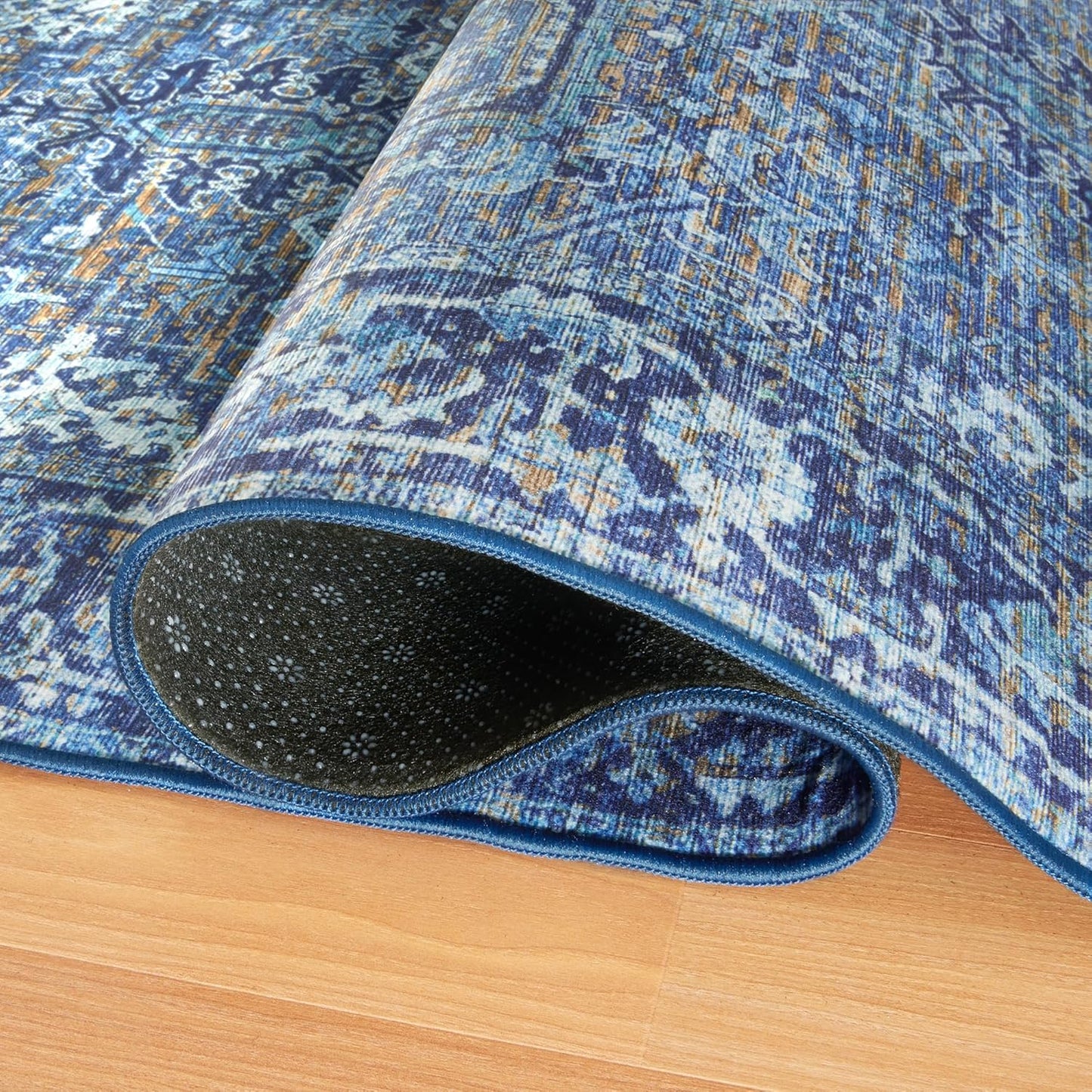 Realife Machine Washable Area Rug - Versatile Padded Low Pile Stain Resistant Design for Living Room, Bedroom, Bathroom, Kitchen, Entryway, and Office - Boho Vintage Traditional Style - Lyle - Blue 7'6" x 9'6