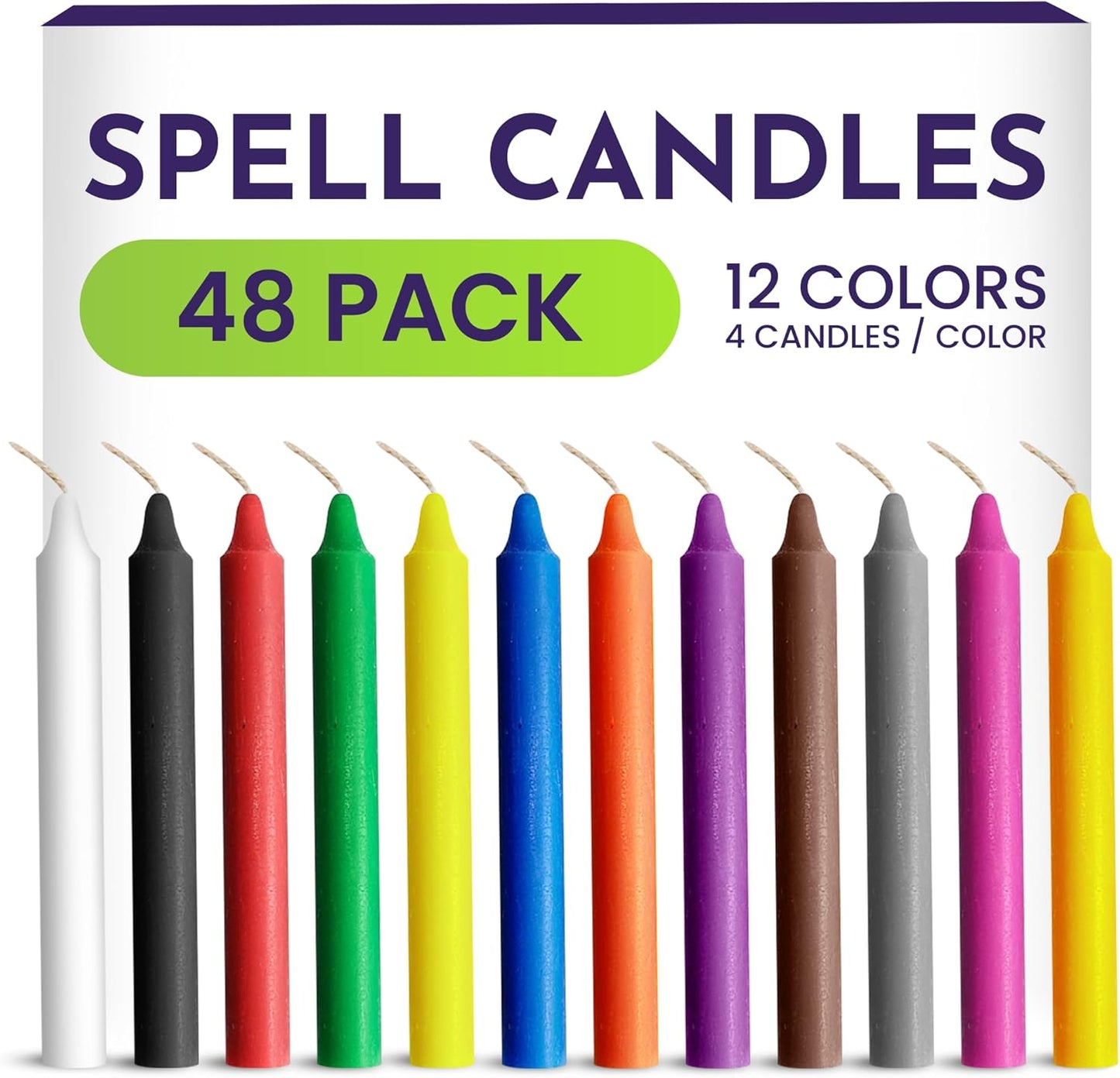 Spell Candles 48 Pack 4" Tall X 1/2" Dia, 12 Colors 4 Mini Candles Black, White, Green, Red, Yellow, Orange, Blue, Brown, Pink, Purple, Grey, Non-Metallic Gold, and Candle Spell E-Book