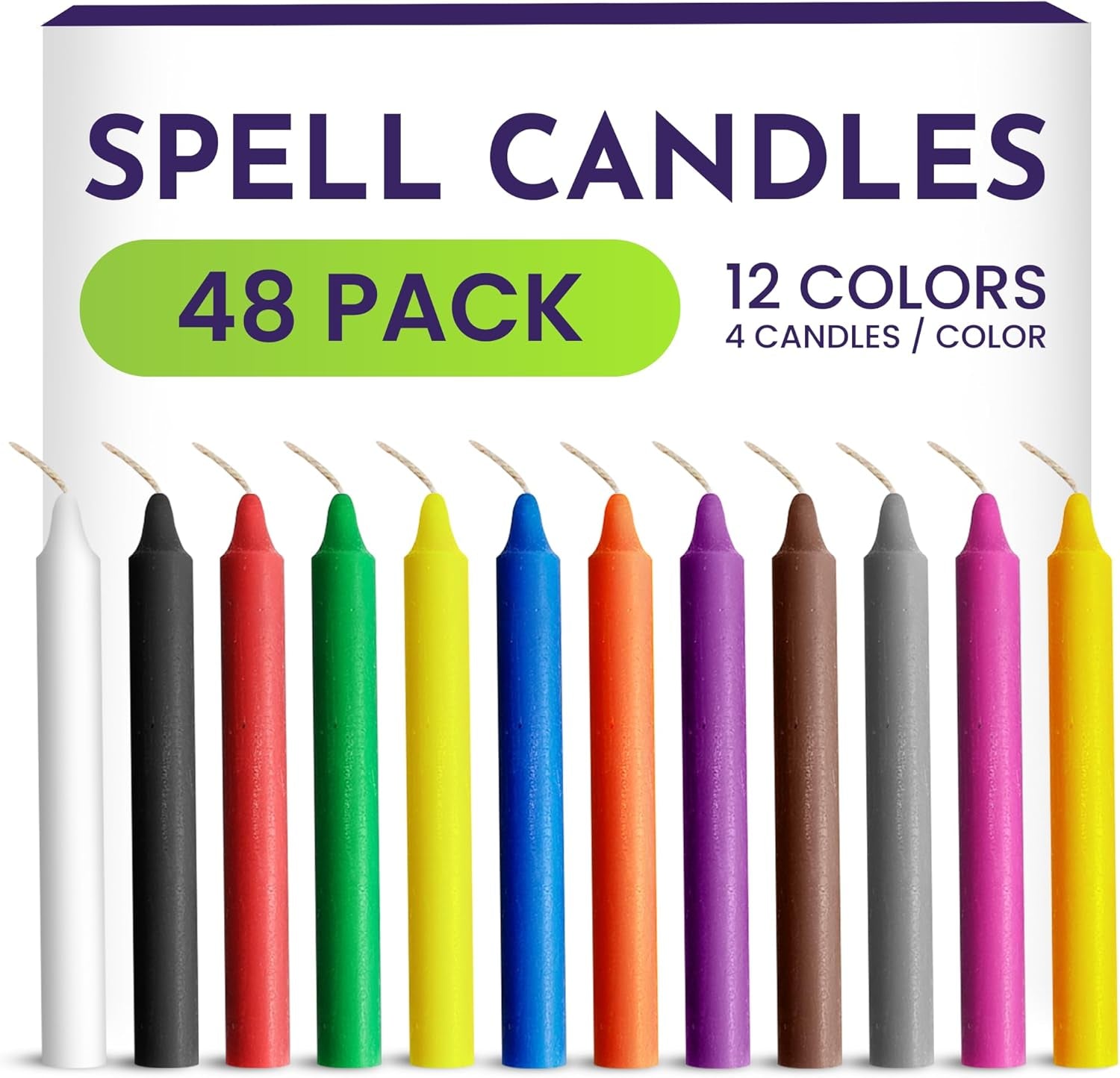 Spell Candles 48 Pack 4" Tall X 1/2" Dia, 12 Colors 4 Mini Candles Black, White, Green, Red, Yellow, Orange, Blue, Brown, Pink, Purple, Grey, Non-Metallic Gold, and Candle Spell E-Book