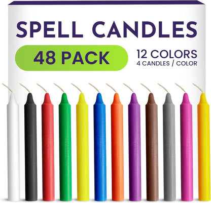 Spell Candles 48 Pack 4" Tall X 1/2" Dia, 12 Colors 4 Mini Candles Black, White, Green, Red, Yellow, Orange, Blue, Brown, Pink, Purple, Grey, Non-Metallic Gold, and Candle Spell E-Book