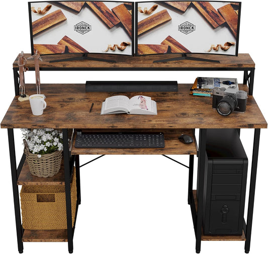 47" Computer Desk for Home Office with Keyboard Tray, Monitor Stand, and Storage Shelf in Vintage Brown Finish