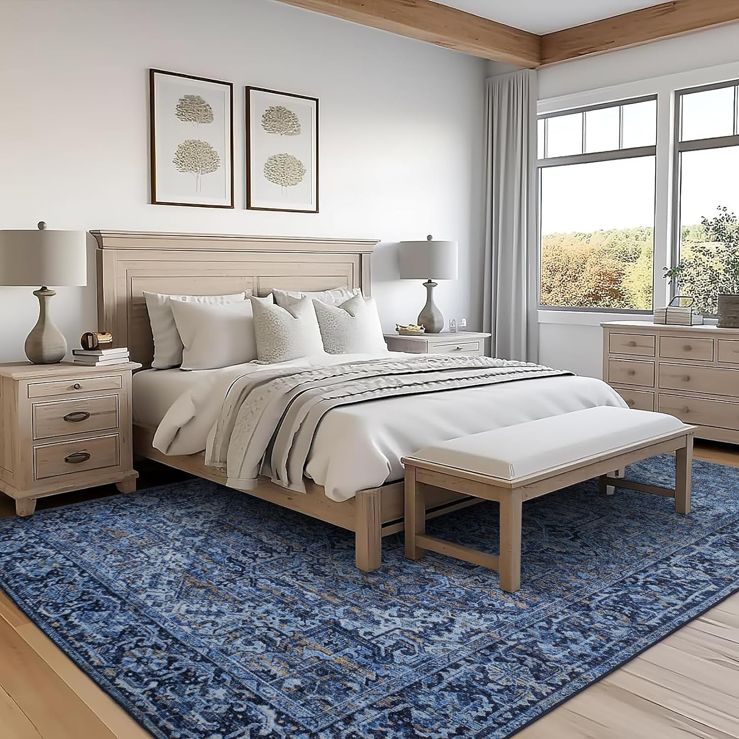 Realife Machine Washable Area Rug - Versatile Padded Low Pile Stain Resistant Design for Living Room, Bedroom, Bathroom, Kitchen, Entryway, and Office - Boho Vintage Traditional Style - Lyle - Blue 7'6" x 9'6