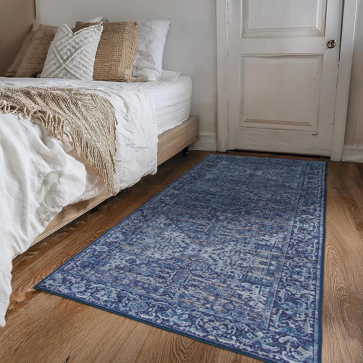 Realife Machine Washable Area Rug - Versatile Padded Low Pile Stain Resistant Design for Living Room, Bedroom, Bathroom, Kitchen, Entryway, and Office - Boho Vintage Traditional Style - Lyle - Blue 7'6" x 9'6