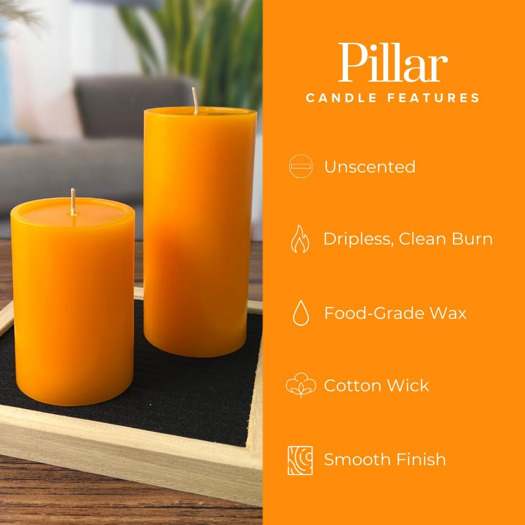 3X4 in Orange Pillar Candles - Set of 3 Fall Candles, Smooth Texture, Unscented, Dripless