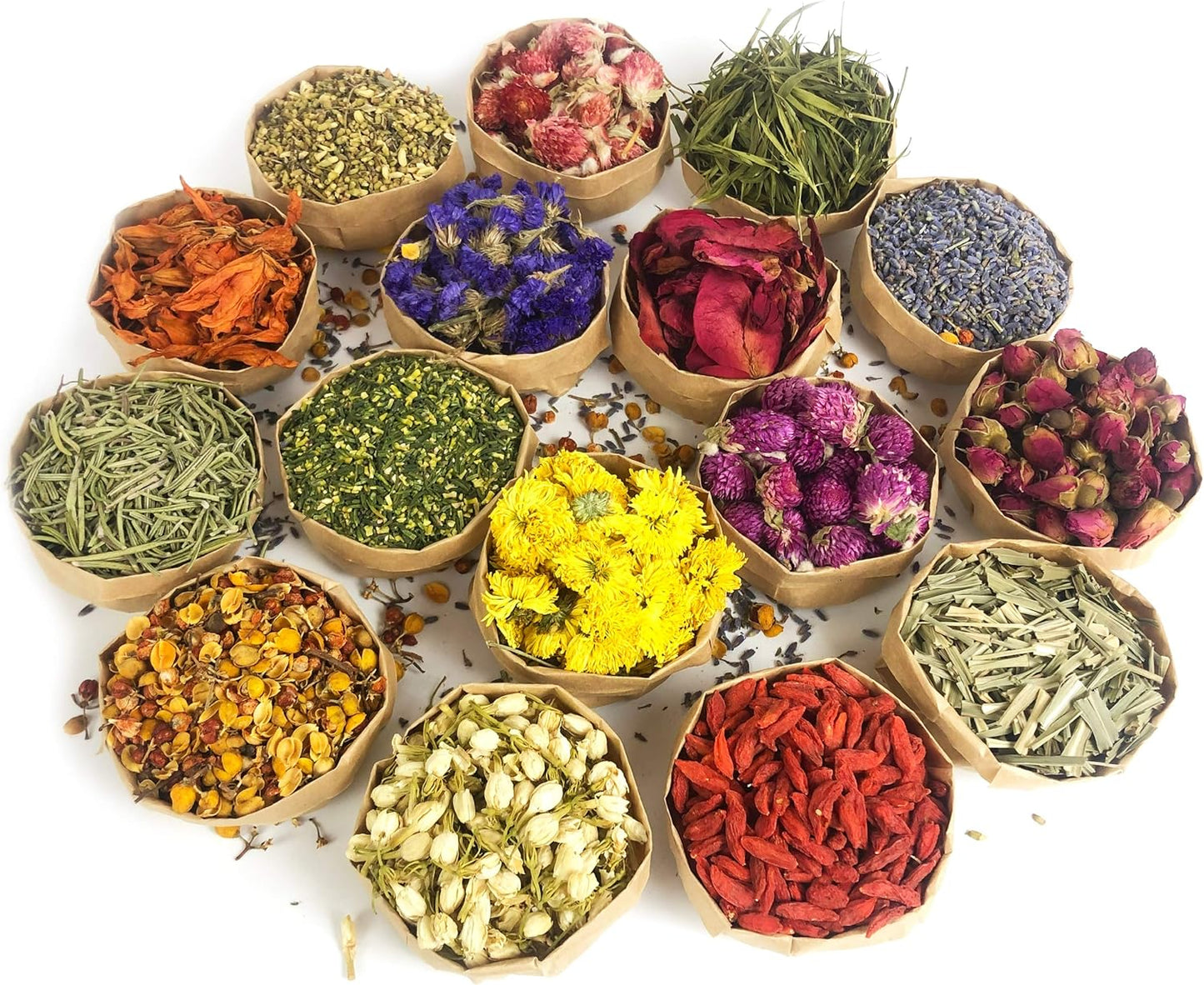 Dried Flowers, Natural Dried Flower Herbs Kit for Bath, Soap Making, Candle Making - 16 Bags Include Dried Lavender, Rose Petals, Jasmine Flower, Gomphrena Globosa (16 Bags)