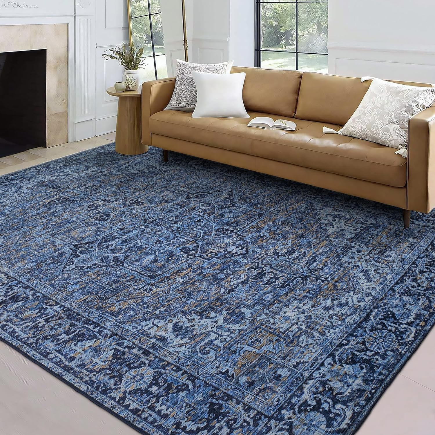 Realife Machine Washable Area Rug - Versatile Padded Low Pile Stain Resistant Design for Living Room, Bedroom, Bathroom, Kitchen, Entryway, and Office - Boho Vintage Traditional Style - Lyle - Blue 7'6" x 9'6