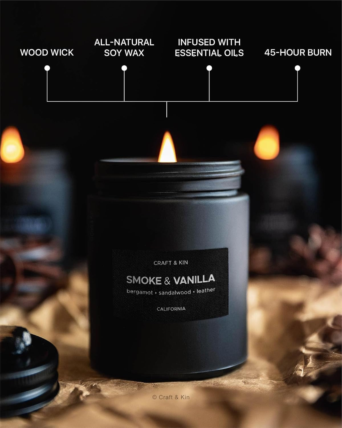 Premium Smoke & Vanilla Candle | Black Spring Scented Candles for Men | Long Lasting with 45 Hour Burn Time, 7.6Oz | Made with Soy | Aromatherapy at Home | Gifts for Men