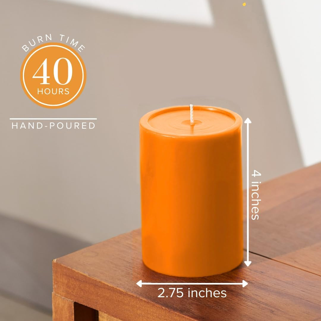 3X4 in Orange Pillar Candles - Set of 3 Fall Candles, Smooth Texture, Unscented, Dripless