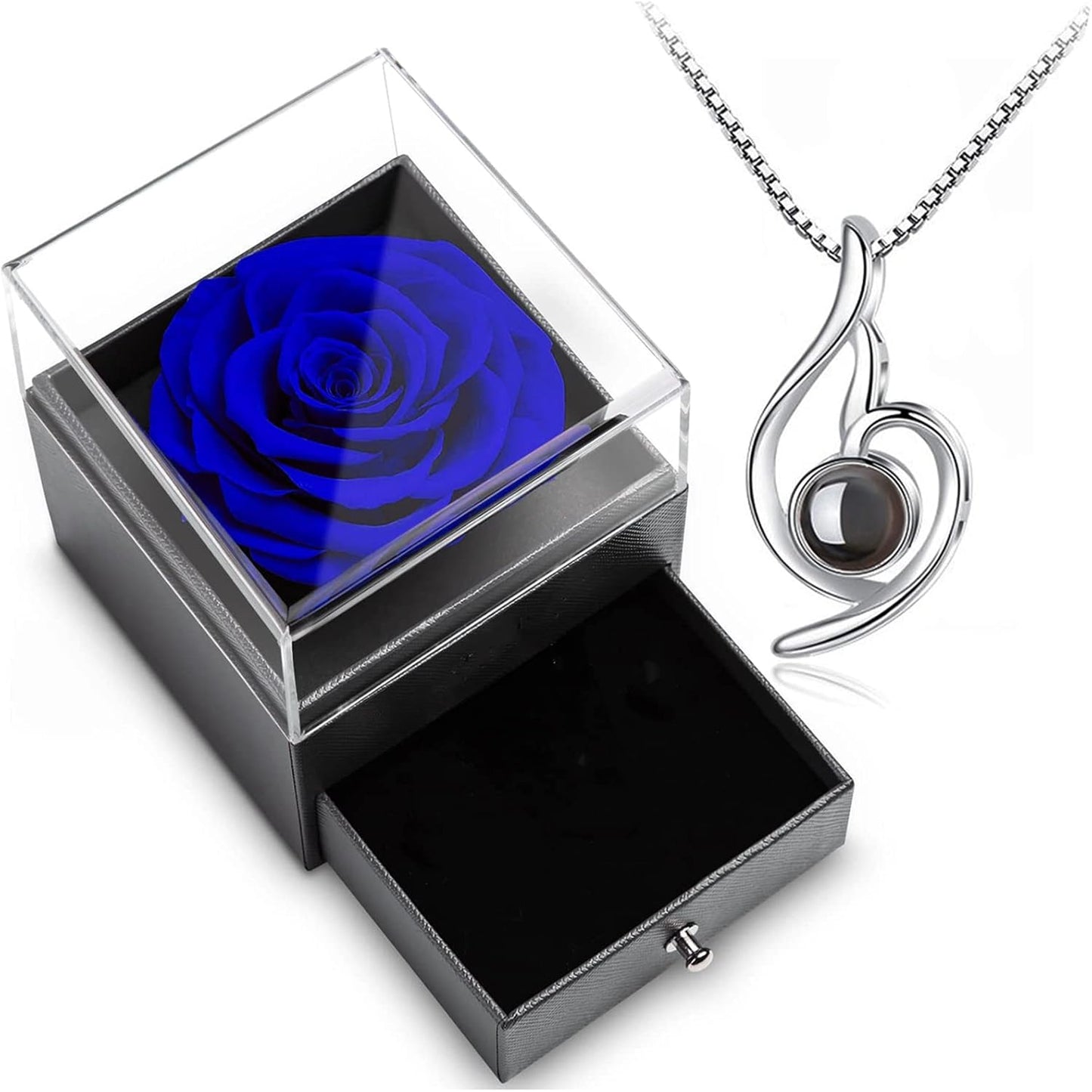 Blue Rose Gift Box with 925 Sterling Silver Women Necklace Inside,Forever Real Rose Jewelry Box with I Love You Necklace 100 Languages,Preserved Flower for Mothers Day Gifts, Enchanted Rose for Her.