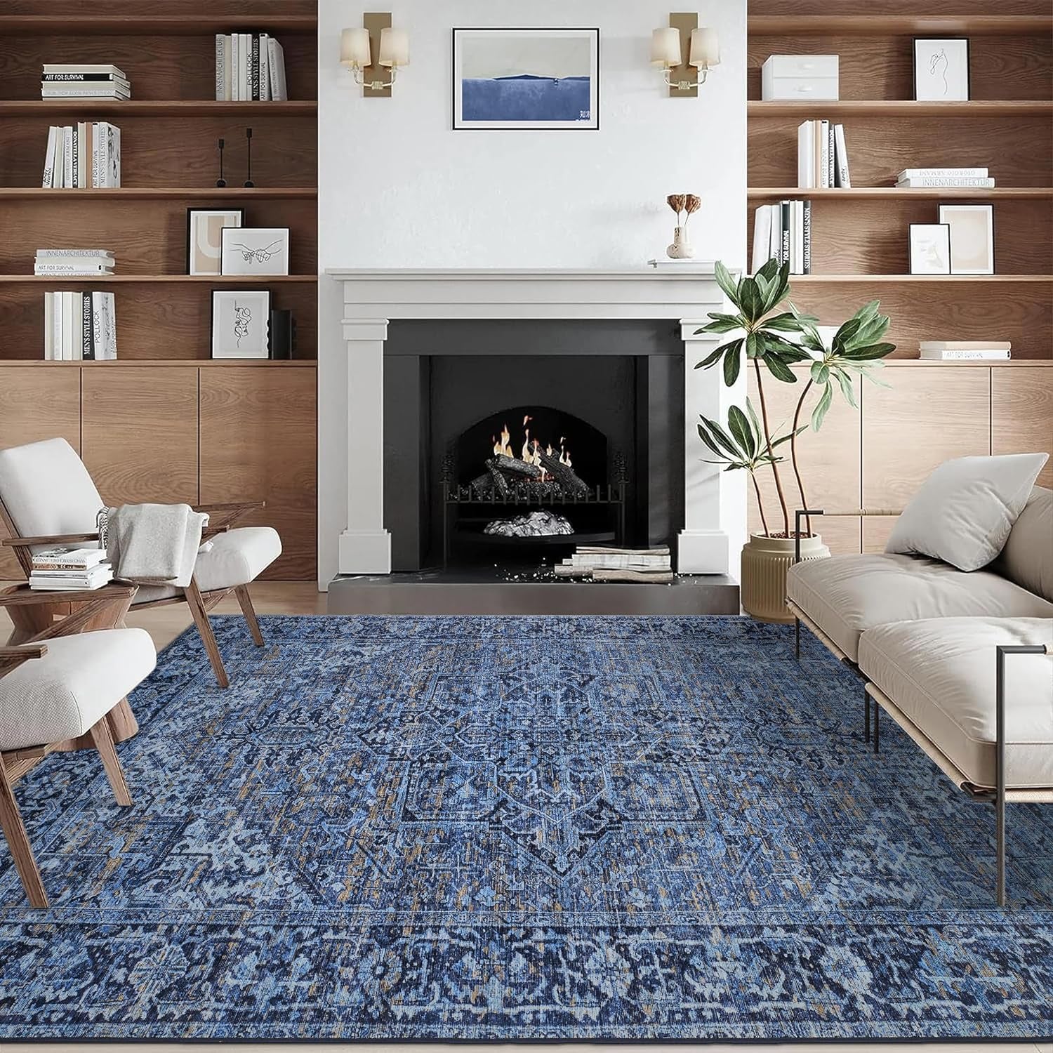 Realife Machine Washable Area Rug - Versatile Padded Low Pile Stain Resistant Design for Living Room, Bedroom, Bathroom, Kitchen, Entryway, and Office - Boho Vintage Traditional Style - Lyle - Blue 7'6" x 9'6