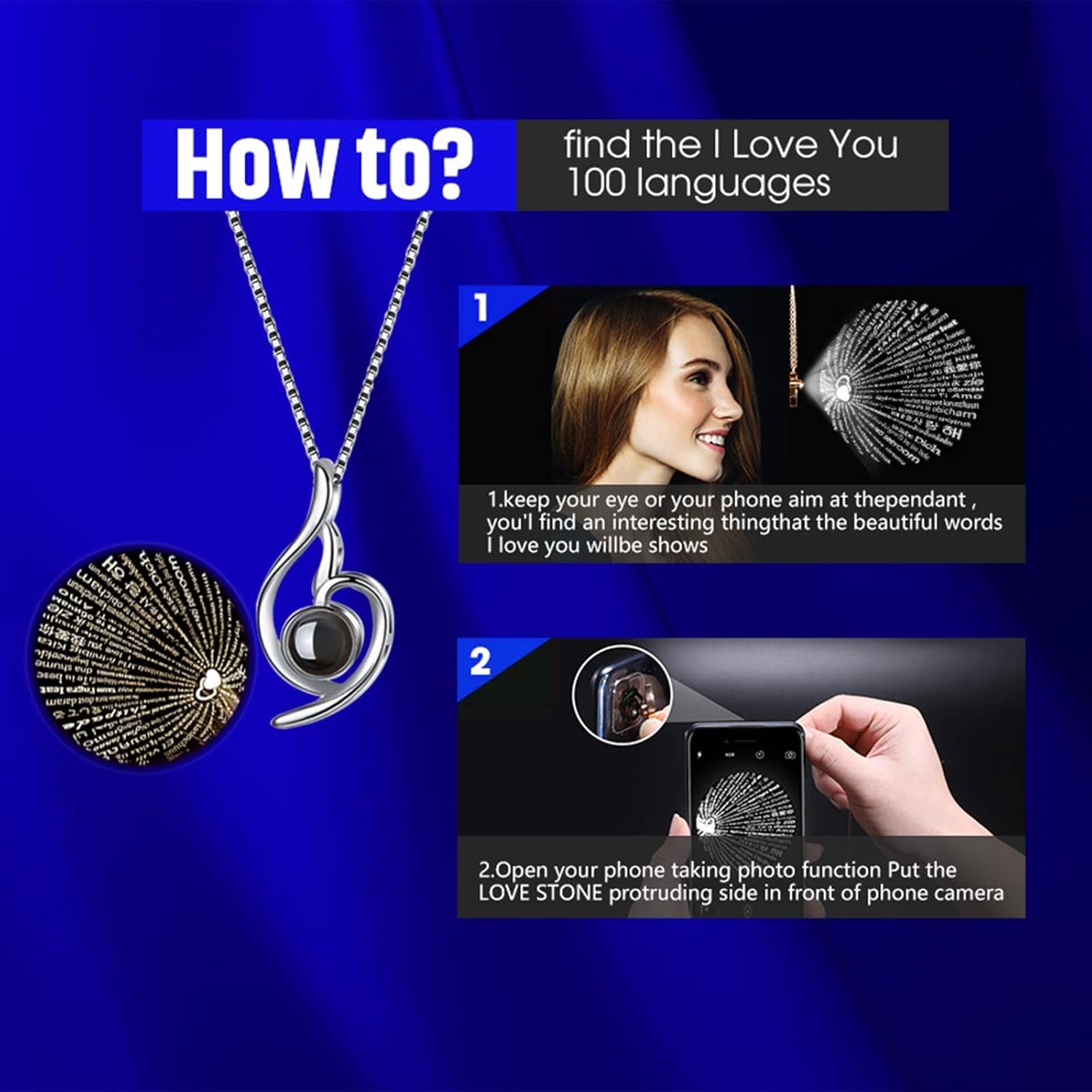 Blue Rose Gift Box with 925 Sterling Silver Women Necklace Inside,Forever Real Rose Jewelry Box with I Love You Necklace 100 Languages,Preserved Flower for Mothers Day Gifts, Enchanted Rose for Her.